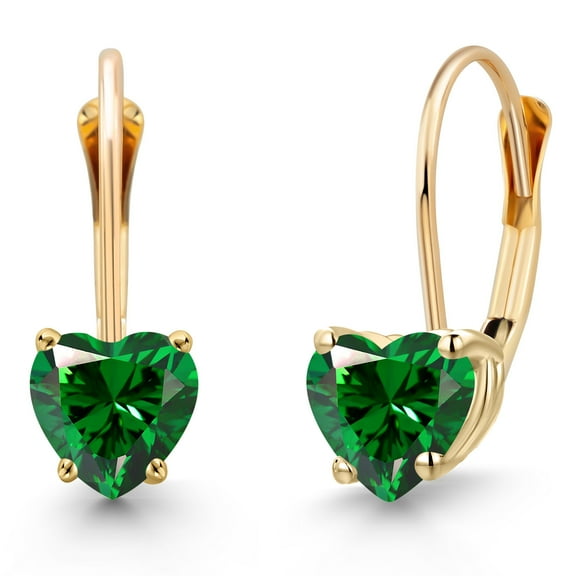 Gem Stone King 14K Yellow Gold Green Zirconia Leverback Earrings for Women | 0.88 Cttw | Gemstone Birthstone | Heart Shape 5MM