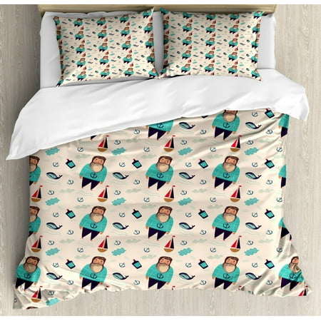 Sailboat Queen Size Duvet Cover Set, Potbelly Chubby Sailor with Striped Clothes and Blue Whales Hand Drawn Design, Decorative 3 Piece Bedding Set with 2 Pillow Shams, Multicolor, by