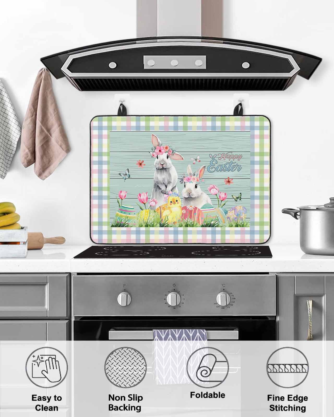Large Induction Cooktop Protector Mat Bunny Easter Stove Top Covers for Electric Stove, Spring Floral Eggs Animals Wooden Decorative Stove Burner Cover Mats, Glass Top Stove Cover