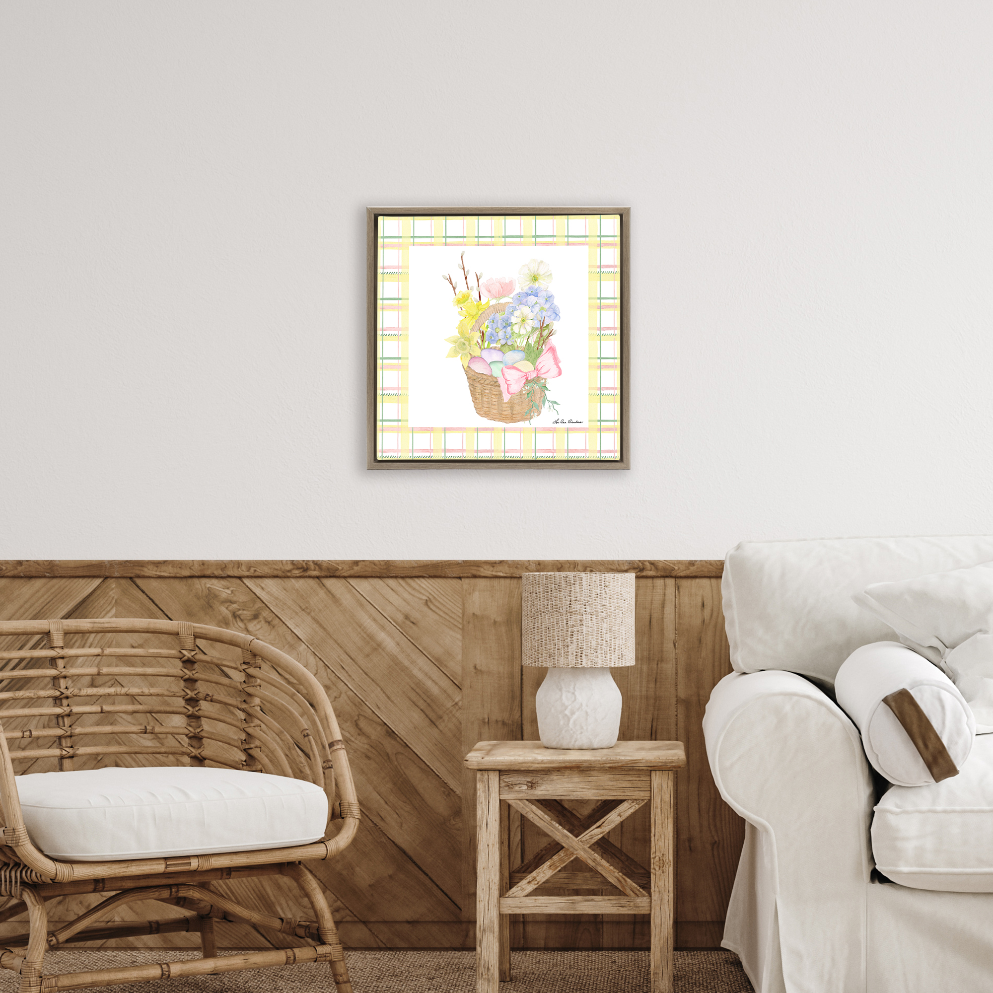 Spring Basket on Plaid Brown Framed Floater Canvas Wall Art, design by Lee Ann Sanders
