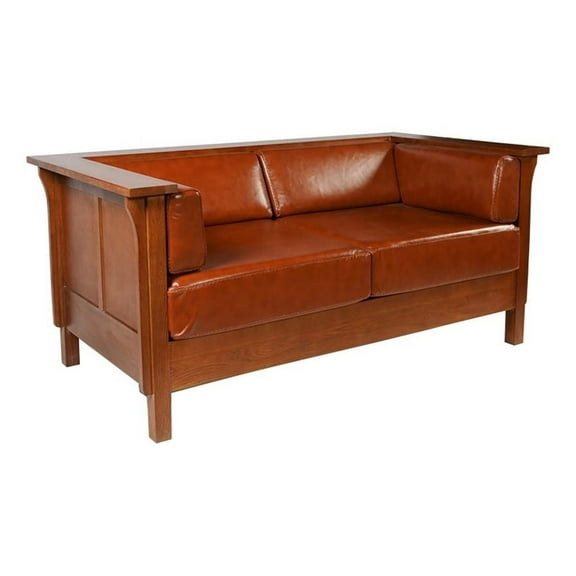 Pemberly Row Contemporary Leather Side Loveseat in Russet Brown