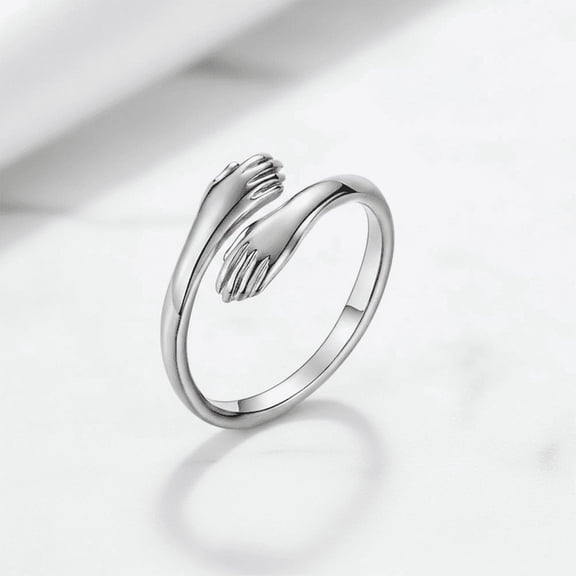 Hug Design Adjustable Ring Stainless Steel Silver Tone Open Band Minimalist Hand Shape Fashion Ring Elegant Statement Jewelry Modern Everyday Accessory for Women Men