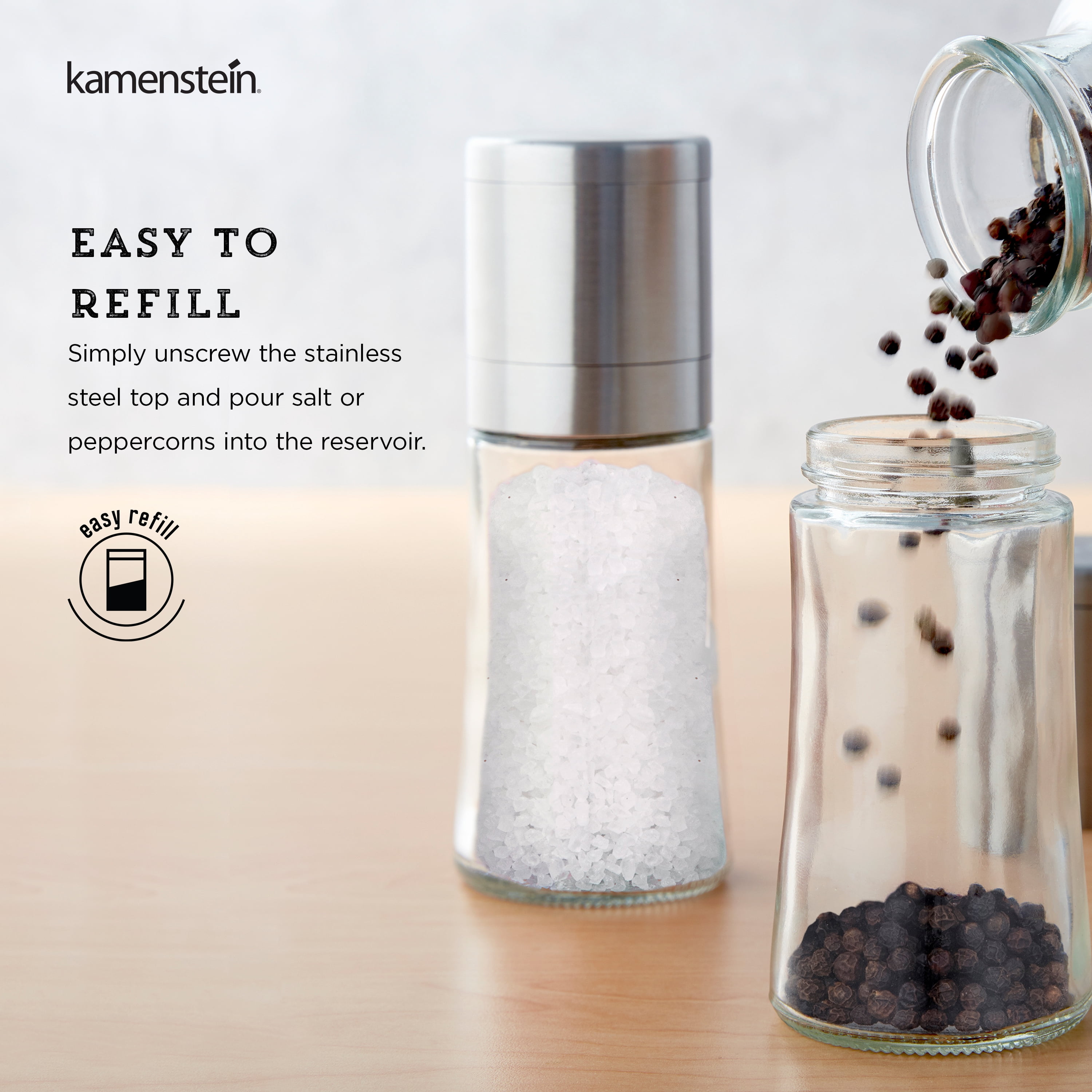 Kamenstein Elite Prefilled Salt and Pepper Grinder Boxed Set with Peppercorn Refill Jar