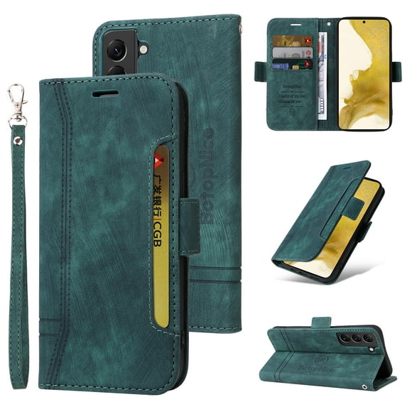 Wallet Case for Samsung Galaxy S23 Plus, Wrist Hand Strap Premium PU Leather TPU Shockproof Flip Cover with Kickstand Card Slots Holder Magnetic Clasp Case for Samsung Galaxy S23 Plus, Green