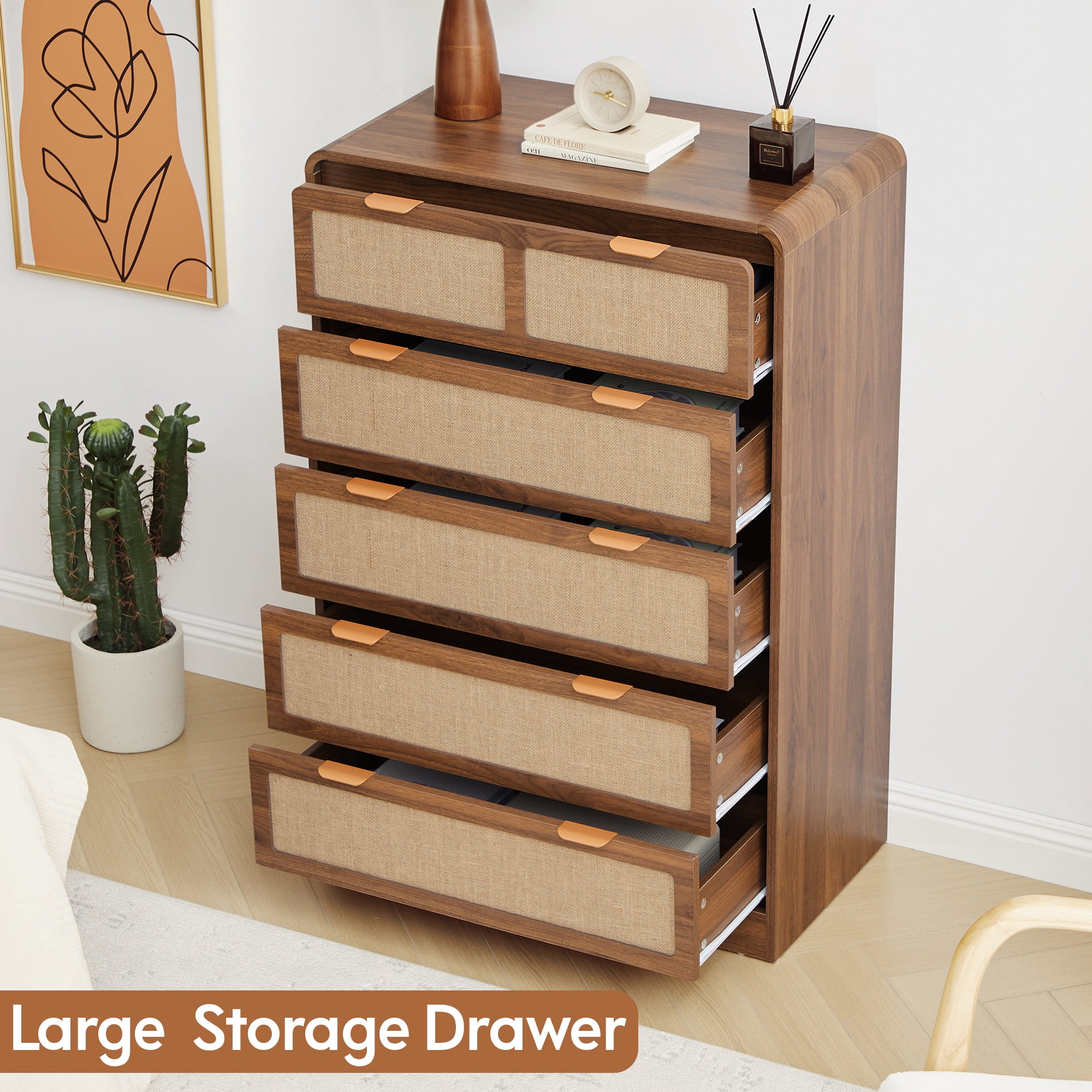 Wirrytor 5 Drawer Tall Rattan Bedroom Dresser, Boho Chest with Chest of Drawers with Curved Edge, Wood Closet Storage Organizer, Walnut