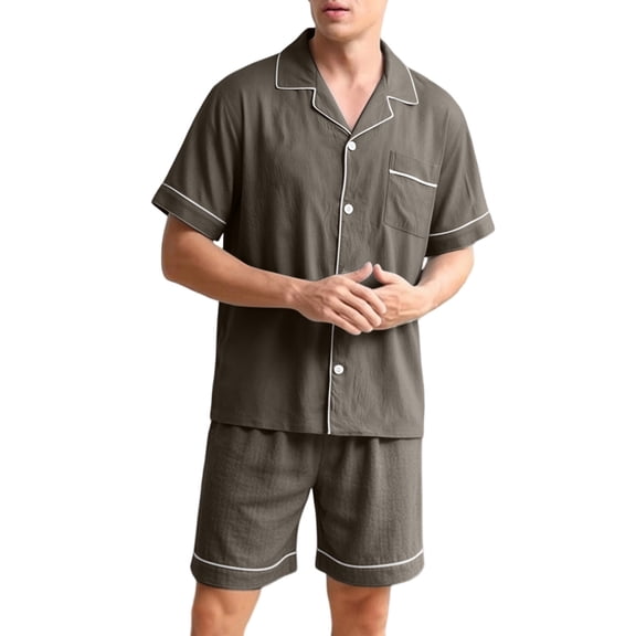 KyCheLot Men's 2 Piece Pajama Sets Lapel Collar Button down Short Sleeve Shirts and Shorts Comfy Loose Sleepwear