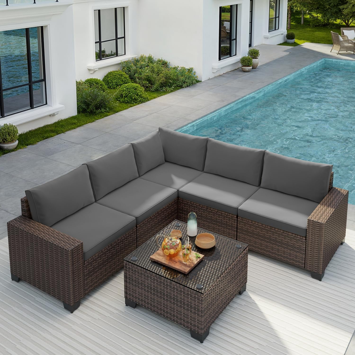 Aiho 6 Pieces Patio Conversation Set, Outdoor Sectional Sofa with All-Weather PE Rattan Wicker, Gray Cushioned Seating for Backyard, Garden, Poolside