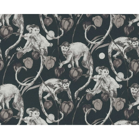 Concord Wallcoverings Textured Wallpaper Animal Monkeys Leaves, Black Gray, 21 In x 33 Ft (56 sq. ft), 379822