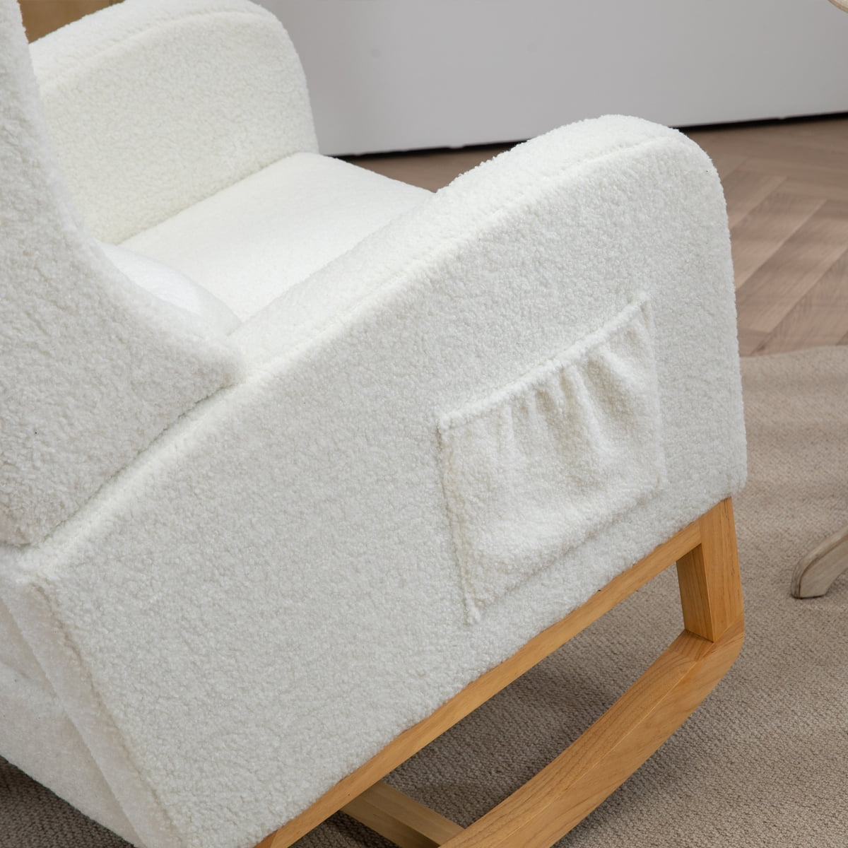 25.4"W Modern Rocking Chair for Nursery, Mid Century Accent Arm Rocker With Retractable Footrest, Side Pocket, Comfy Upholstered Wingback Wooden Glider Chair for Living Room Baby Kids Room. Ivory