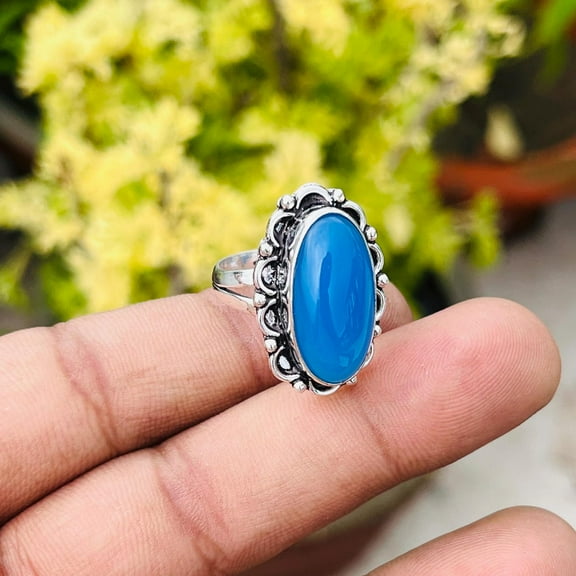 Blue Chalcedony Sterling Silver Oval Ring • Handmade Boho Statement Gemstone Jewelry • Women’s Birthstone Ring Gift