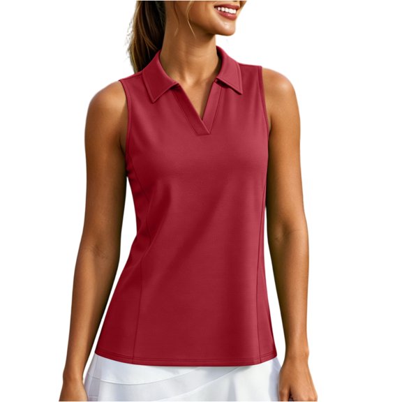 Domzest Womens Golf Polo Shirts V Neck Sleeveless Workout Tank Tops Collared Tennis Athletic Lightweight Running Shirt Wine XL