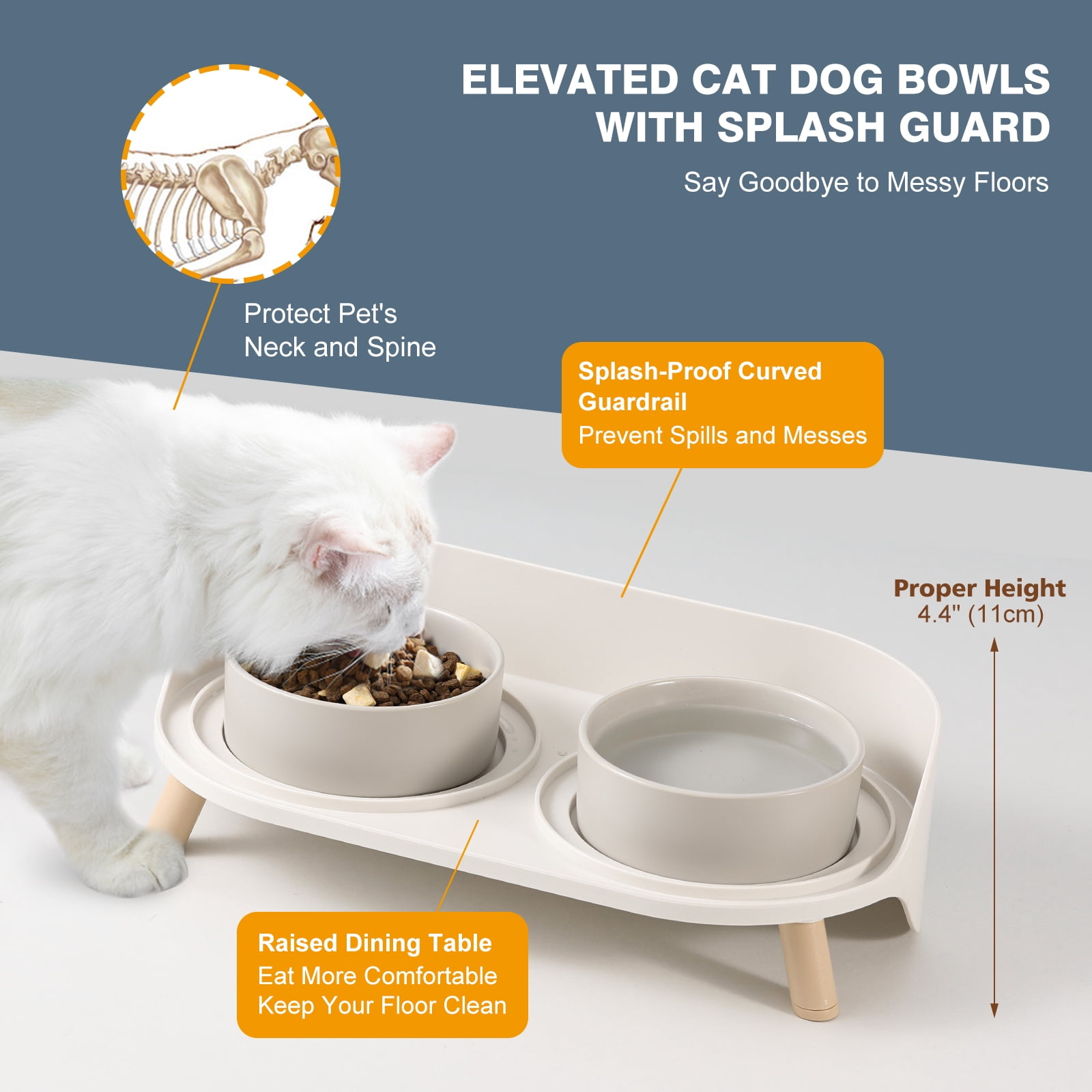 Cat Food Water Bowl Set - Raised Cat Bowls with Non Slip Stand - Elevated Puppy Bowls - Double Ceramic Cat Feeding Bowls - 2 x 480 ML - 16.23 OZ - Grey