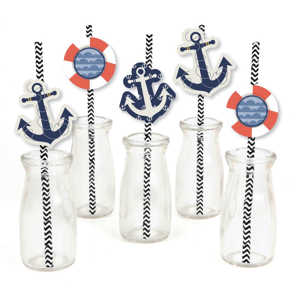 Ahoy - Nautical Paper Straw Decor - Baby Shower or Birthday Party Striped Decorative Straws - Set of 24