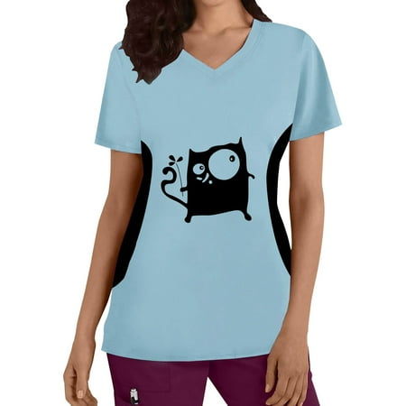

TAIAOJING Women Scrubs Top Plus Size Top V Neck Short Sleeved Cats Prints T Shirt Blouse