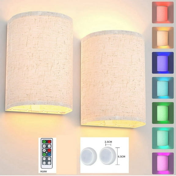 Rechargeable Wall Sconce Magnetic Wireless Lamp RGB Colors Dimmable with Fabric Linen Shade and Remote, Lighting 2Pcs