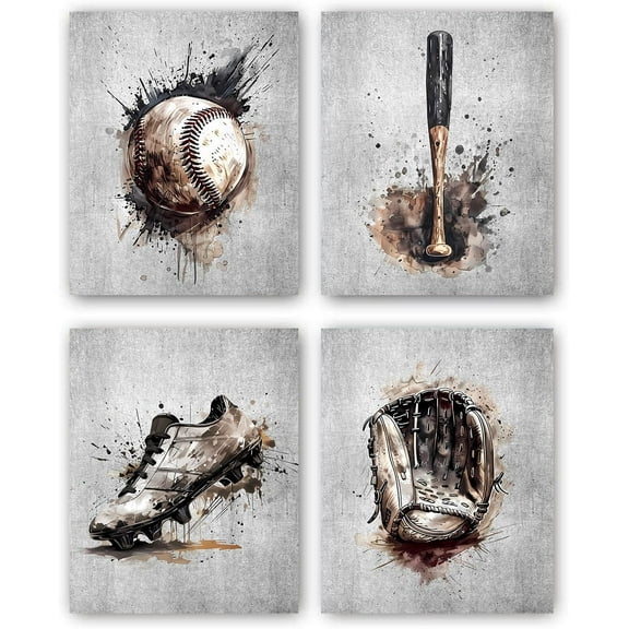 Baseball Wall Art Canvas Prints,Vintage Baseball Wall Decor,Baseball Pictures Sport Art Print for Man Cave Decorations Set of 4 (8"x10",NoFramed)