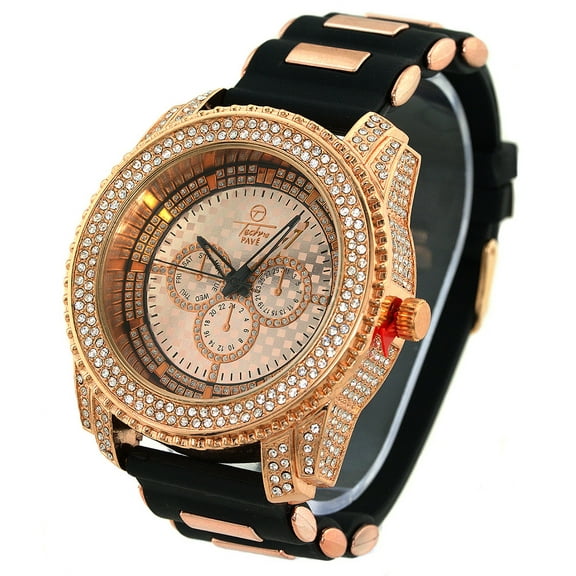 Men's Rose gold tone CZ Clubbing watch 51mm 15mm thick case. CZ bezel, rose-tone dial, 3 Nonfunctional sub-dia, l21mm wide black sport strap with rose bullets fits 8-9.5 inches wrist