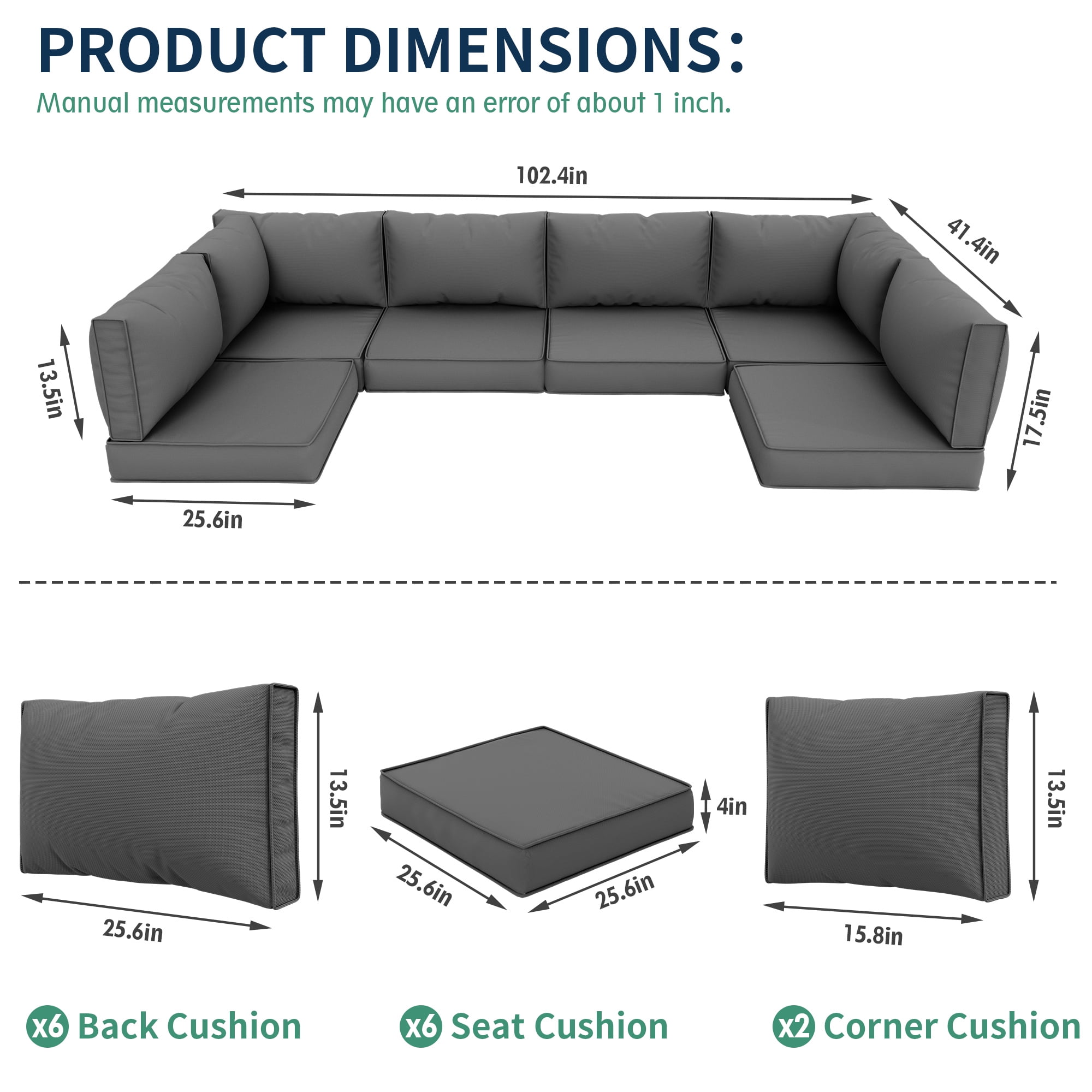 MRUAKA Outdoor Cushions for Patio Furniture Replacement, Patio Furniture Cushions, Deep Seat Patio Cushions, Patio Seat Cushions for Outdoor Sectional (Grey)