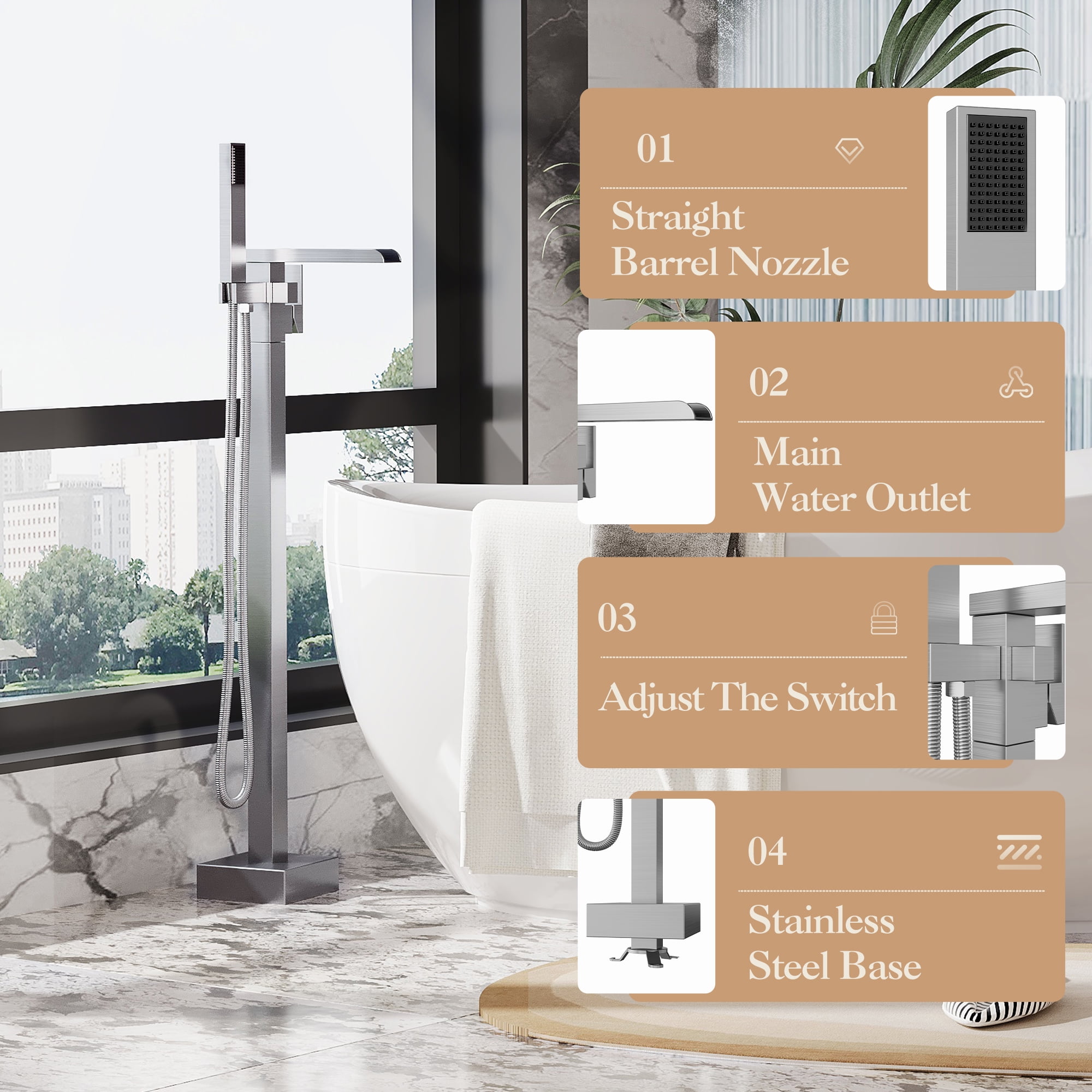 Bathtub Faucet, Floor Mount Bathtub Faucet Freestanding Tub Faucet Standing Bathtub Filler, High-Flow Bath Shower Faucet with Handheld Sprinkler