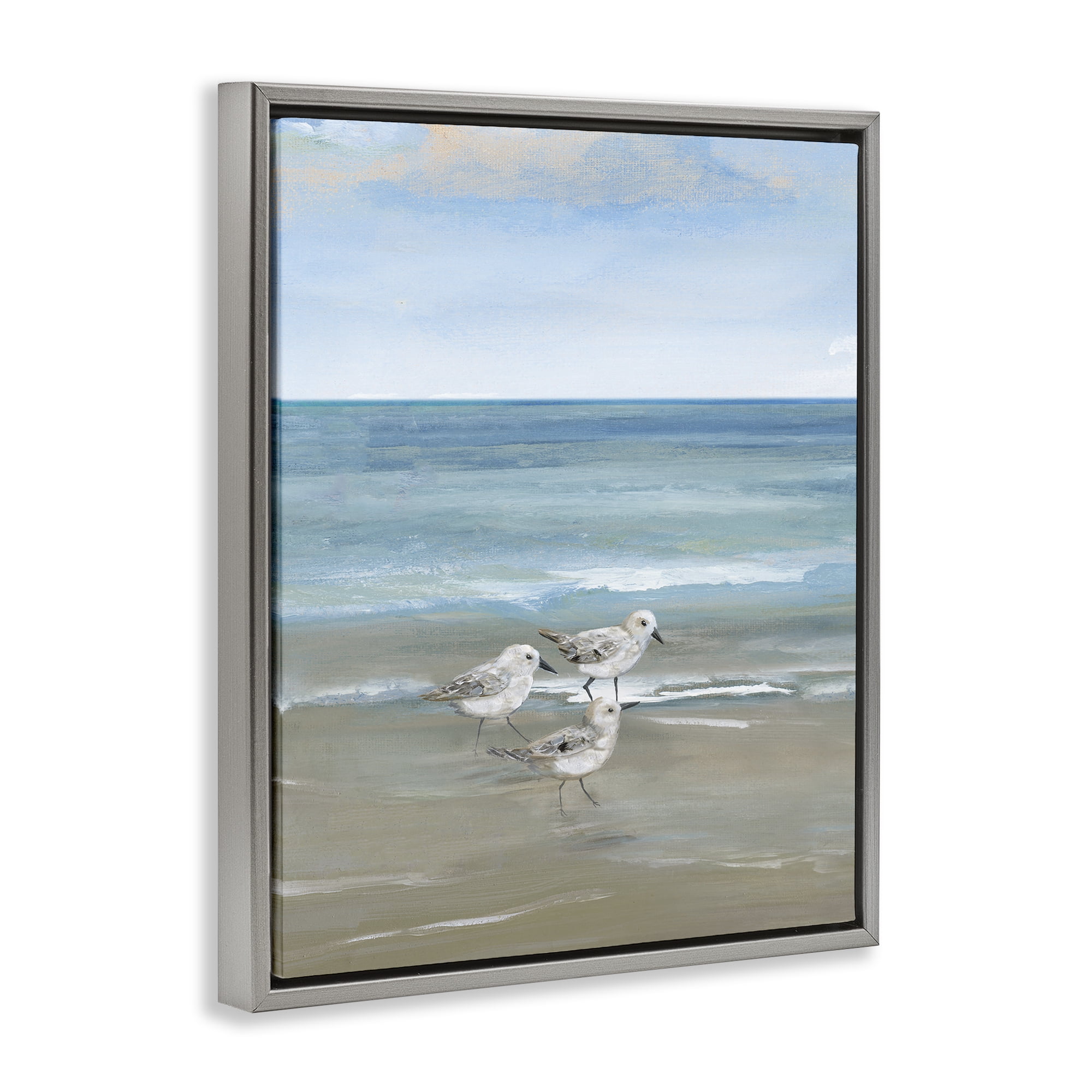 Stupell Industries Three Shorebirds & Gentle Waves Gray Framed Floater Canvas Wall Art, design by Nan