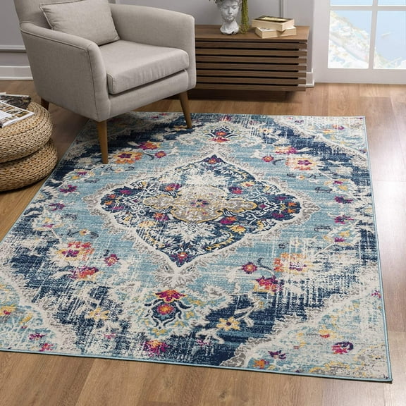 2â€™ x 6â€™ Blue Distressed Medallion Area Rug