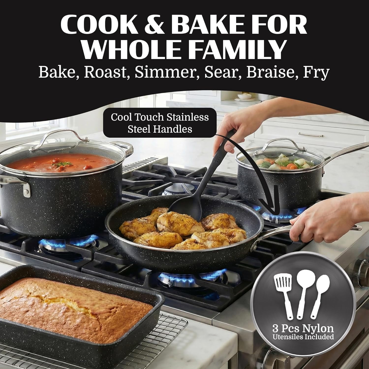 Granitestone 20 Pc Pots and Pans Set Non Stick, Pots and Pans Ceramic Cookware Set with Square Pan, Pot and Pan Set with Bakeware/Utensils, Non Stick Pots and Pan Set, Oven/Dishwasher Safe, Black