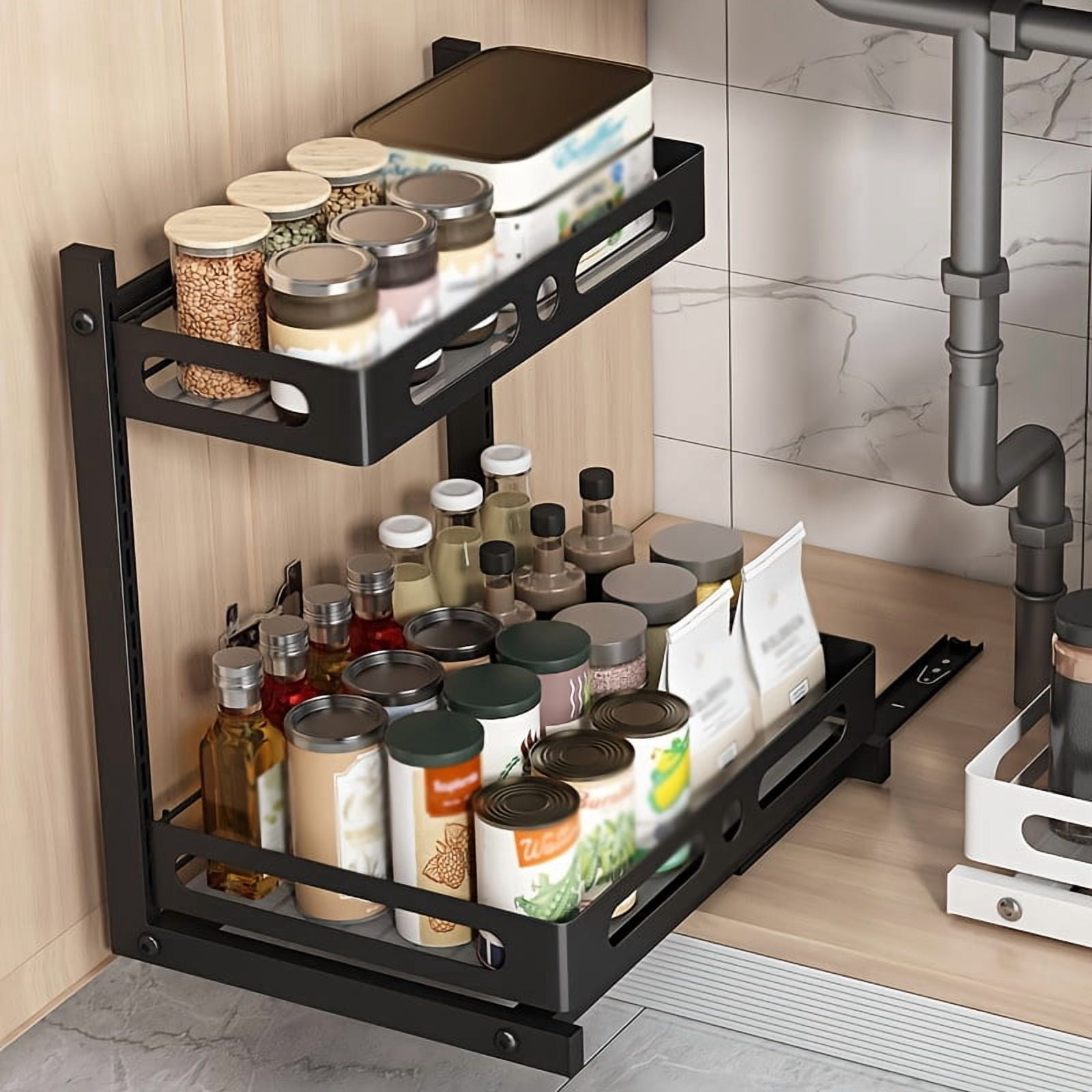 Under Sink Organizer, Pull Out Cabinet Organizers, Slide Sink Steel Shelf Cabinet Storage Shelves, Under Sink Storage for Kitchen Bathroom Cabinet (Black, 2 Pack)