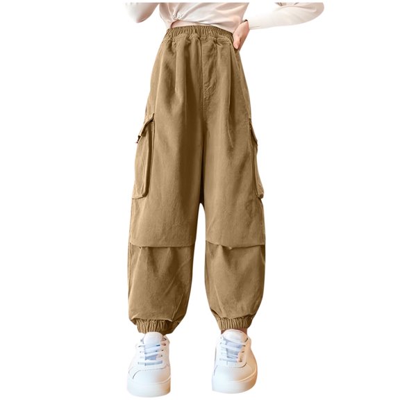 SERTG Girls' Fashion Cargo Pants Solid Color Spring Fall Casual Soft Long Pants for Children 5-16 Years(Khaki,11 Years)