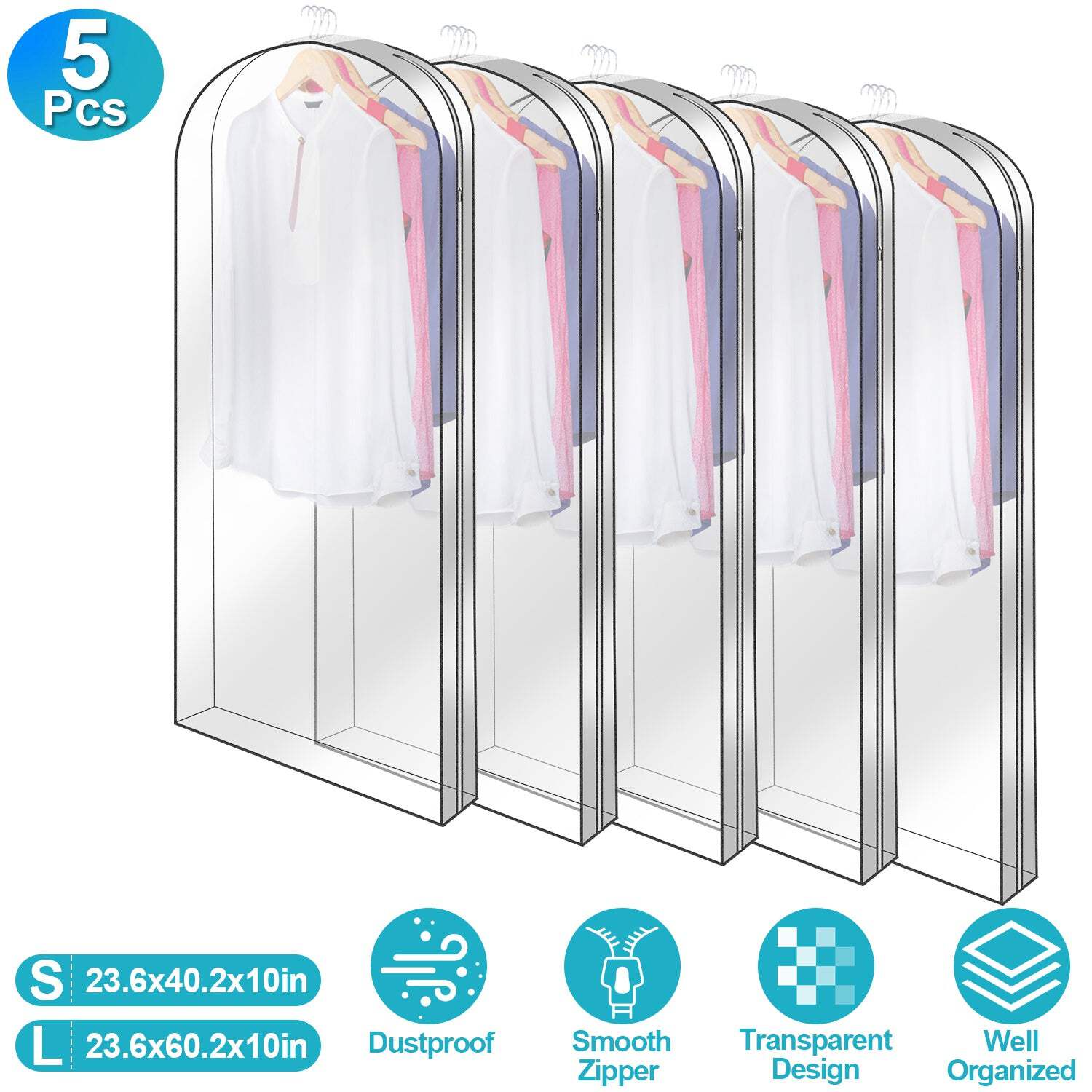 5 Pack 60In Garment Bag for Hanging Clothes