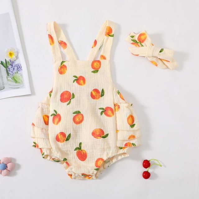 RXIRUCGD Baby Girl Cotton Double Layer Crinkled Peach Print Romper Set( Yellow, Size:9 Months )