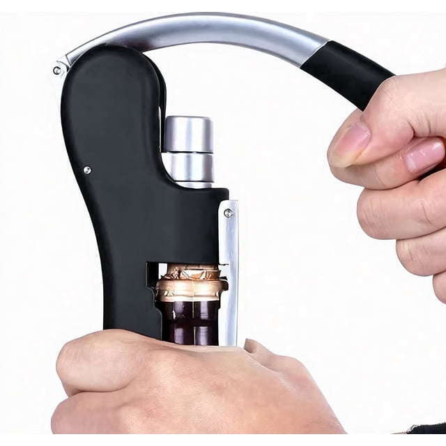 Wine Bottle Opener | Manual Handheld Corkscrew with Ergonomic Lever Pump, Standing Vertical Design, Soft Bottleneck Grip, Nonstick Screw & Easy No-Twist Cork Removal | Black
