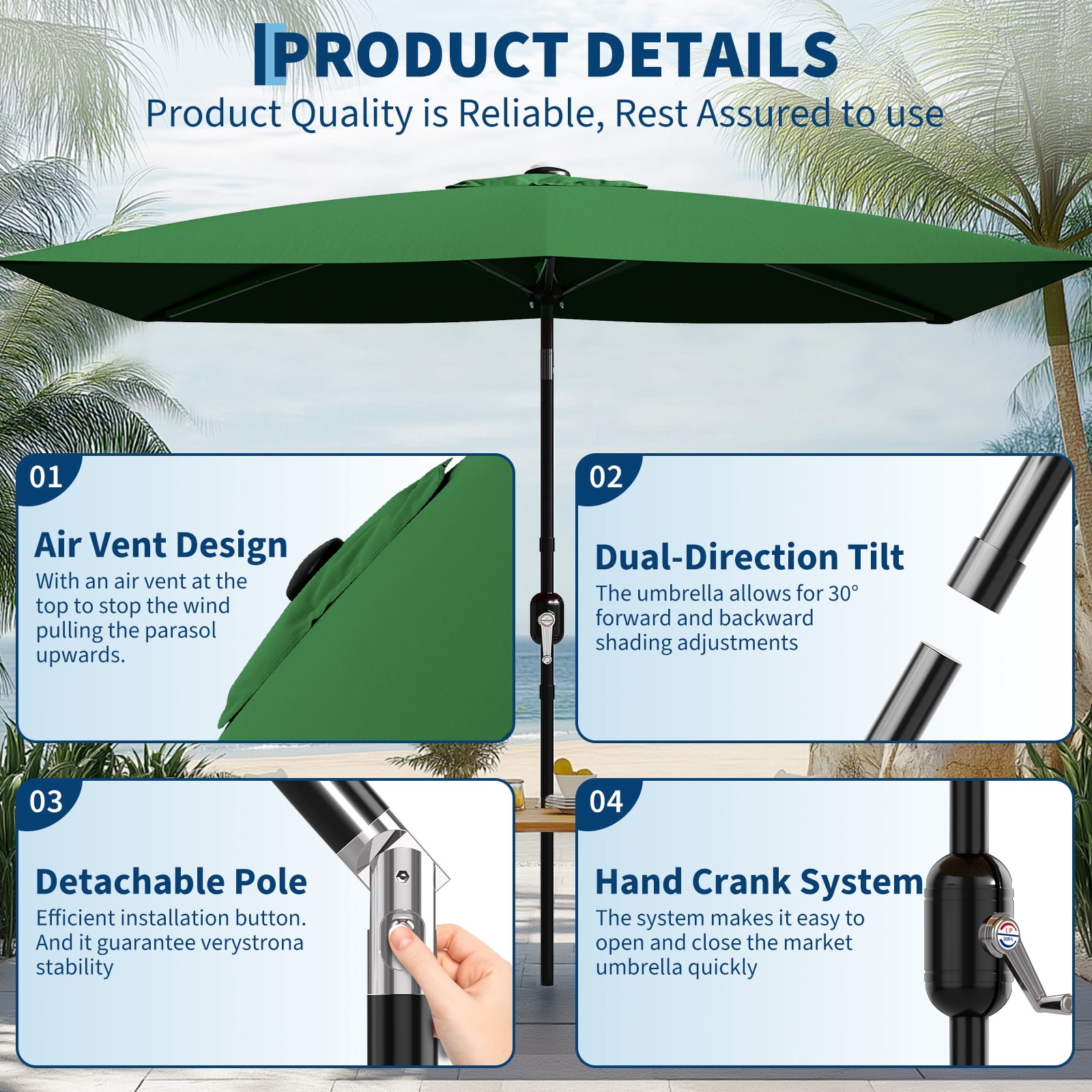 10' x 6.5' Patio Umbrella, Outdoor Table Umbrella, Metal Pole Square Outdoor Umbrella with Crank and Push Button Tilt,  Market Umbrella Sun Umbrella for Garden, Deck, Lawn, Pool-No Lamp&No Base