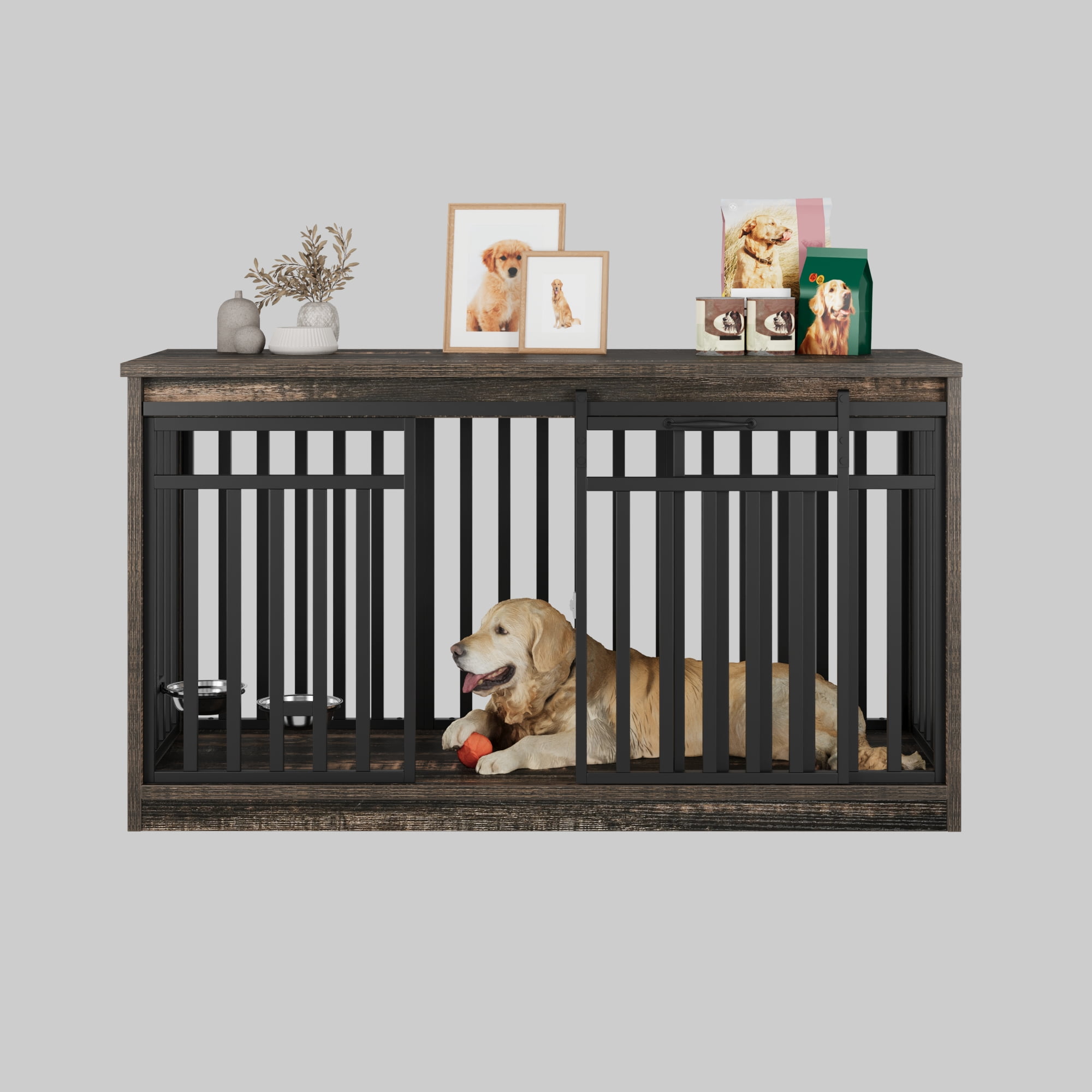 Uforic 55.1 Inch Dog Crate Furniture for Large Dogs,Indoor Furniture Style Wooden Large Dog Kennel TV Stand Sliding Doors -Black Oak