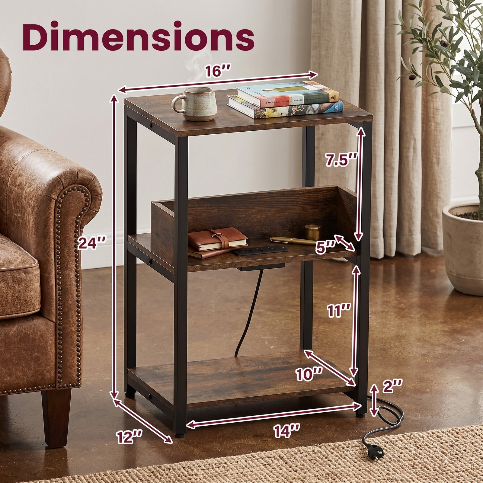 Furnibear Side End Table with Charging Station, 3-Tier Nightstand with 2 AC Outlets, USB & Type-C Ports, Open Shelves Sofa Side Table for Living Room, Rustic Brown