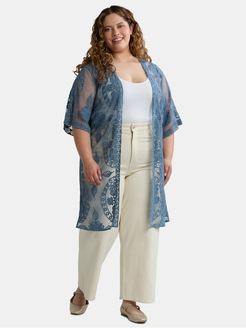 Time and Tru Women's Lace Coverup S-3XL Sheer Open Front Sleeves