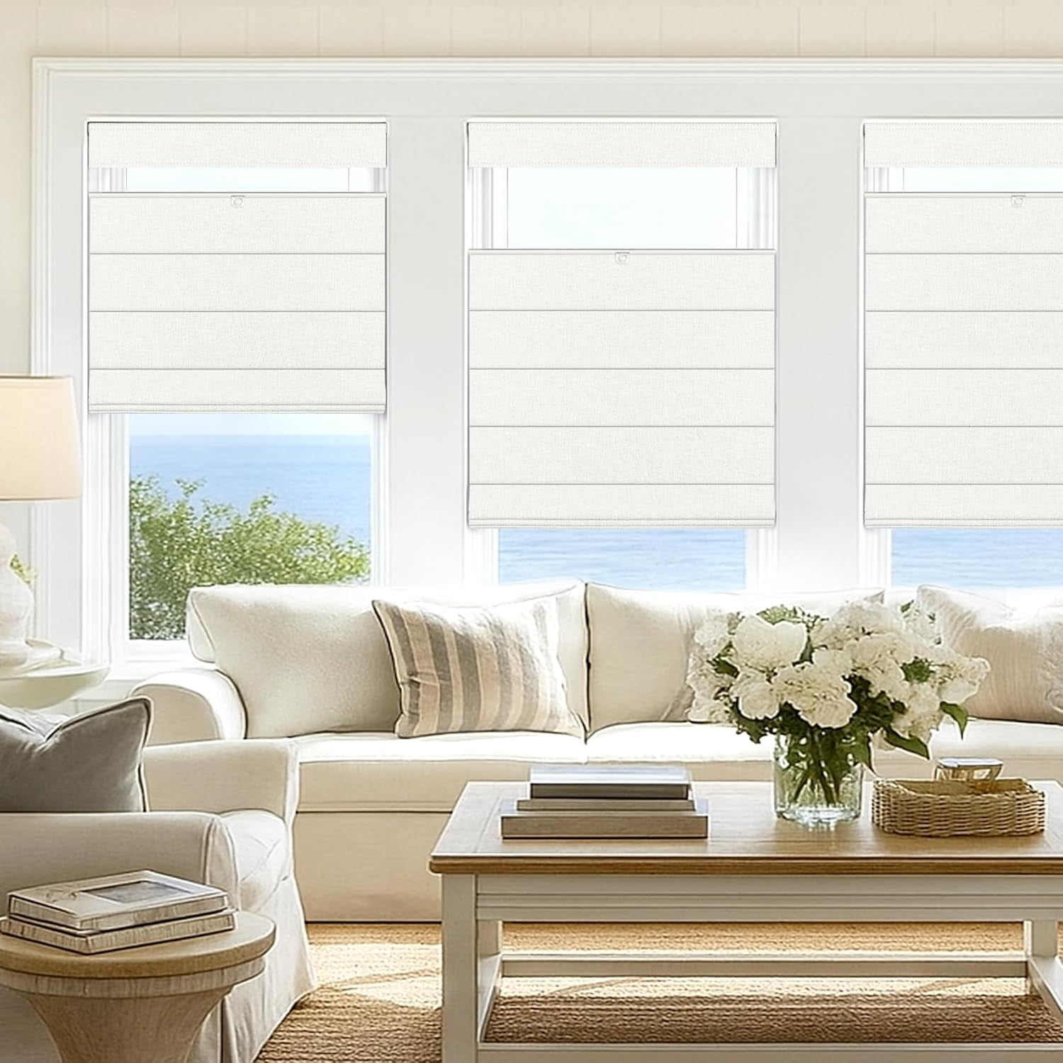 LazBlinds No Tools No Drill TDBU Cordless Roman Shades for Window, Thermal Insulated UV Blocking, 100% Blackout Fabric Blinds for Bedroom & Living Room, 40"W x 64"H, Blackout - White