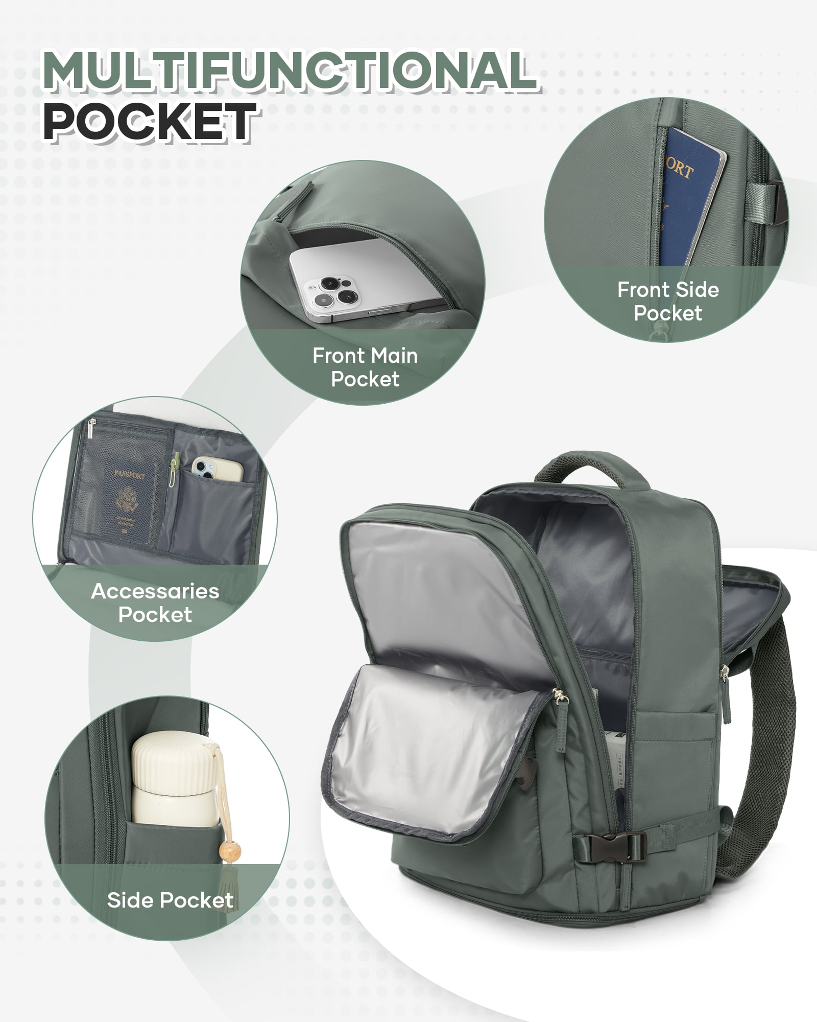 Lightweight Travel backpacks for Adults, Flight Personal Carry on Backpack for Women Men, Approved Airlines Back Pack Carry-ons Mochilas de Viaje, Waterproof Luggage Laptop Backpack Olive-Green