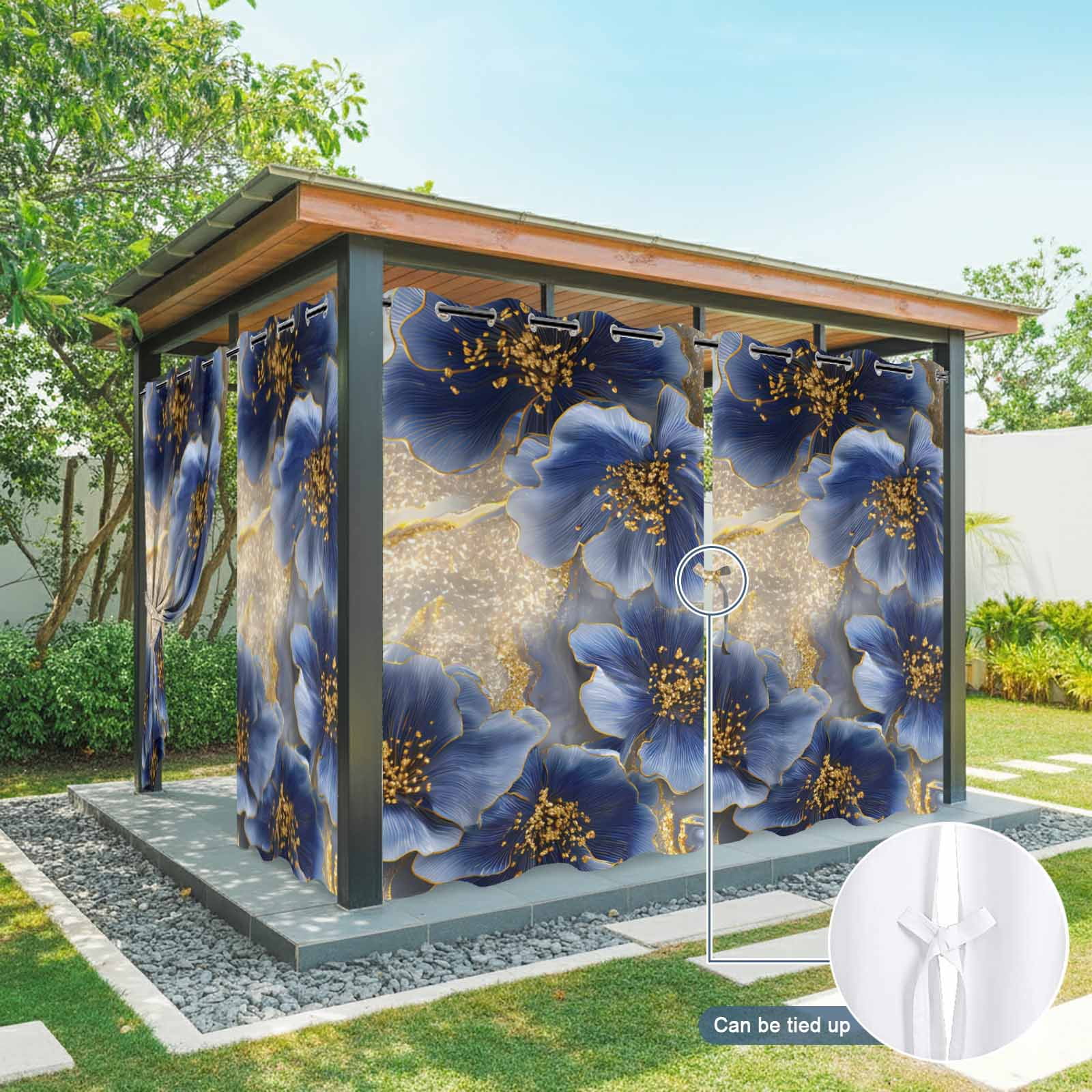 Dark Blue Flowers Outdoor Curtains for Patio, Romantic Dark Blue Floral Gold Marble Sunshade Privacy Drapes Grommet Waterproof Outside Curtains for Porch/Cabana/Balcony 54"x 108", 1 Panel
