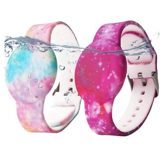 Suitable for AirTag GPS tracker silicone holder, 2-piece waterproof wristband set for children, with safety and anti loss protection(Pink,Purple)