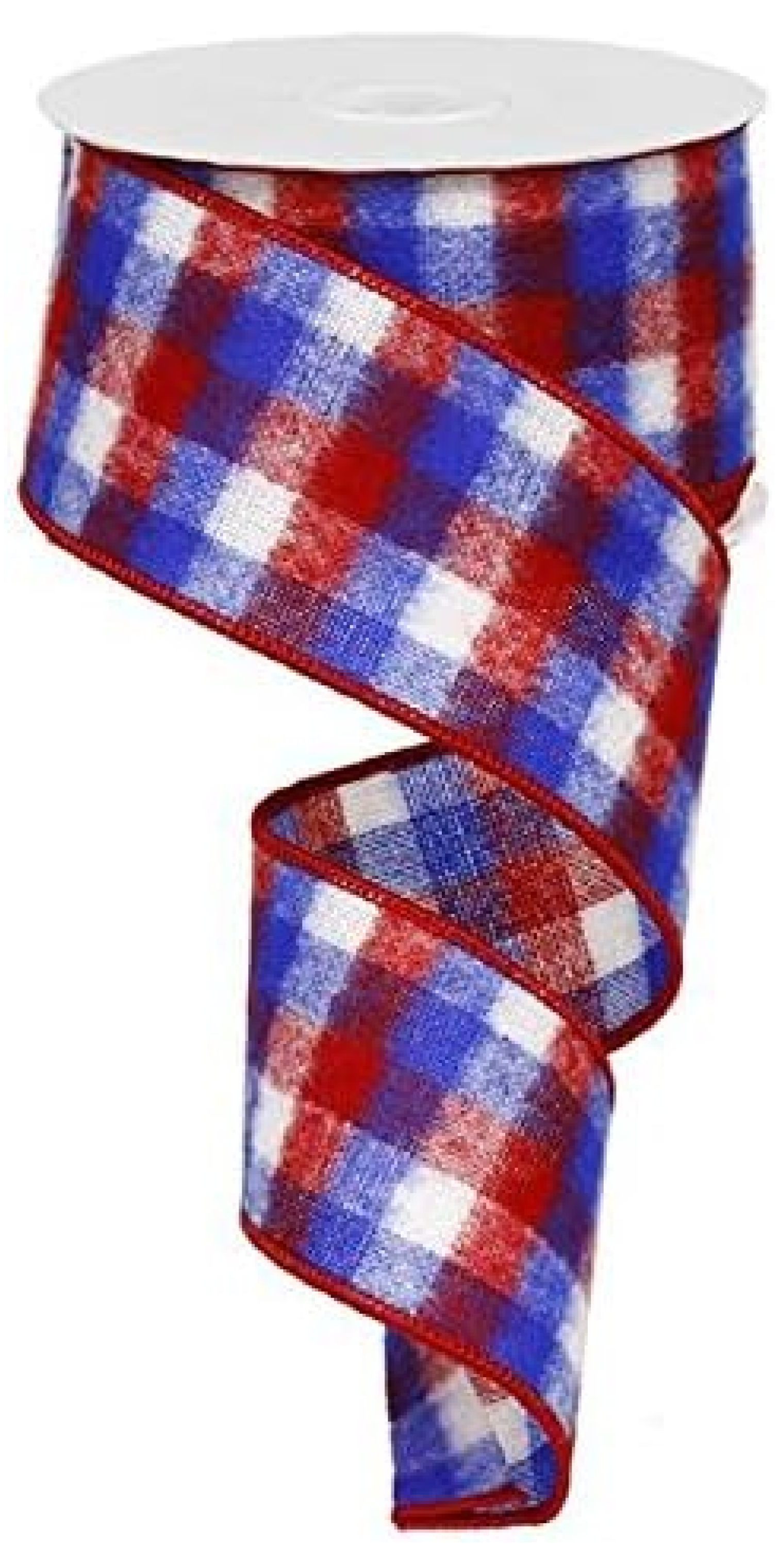 Red White Blue Plaid Flag Wired Edge Ribbon (2.5 Inches) - 50 Yards