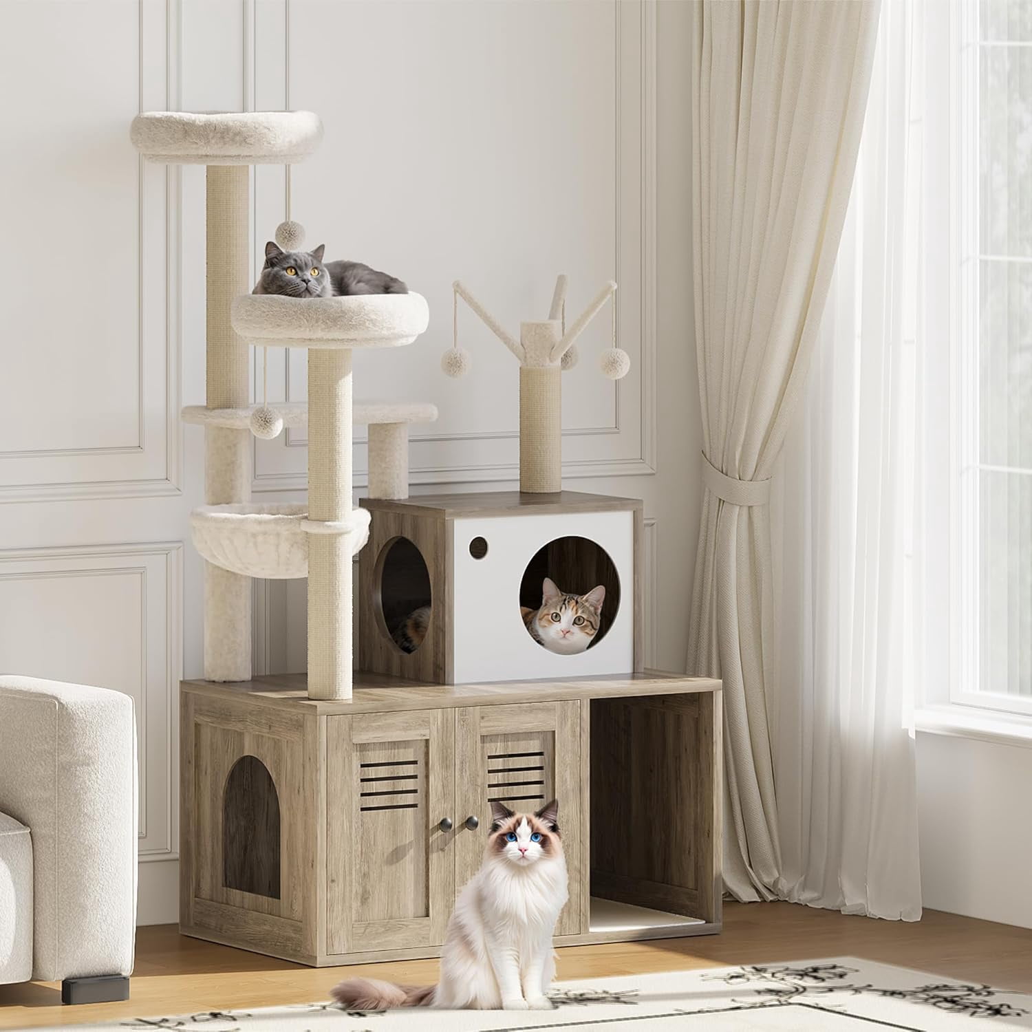 Large Cat Tree with Litter Box Enclosure,3-in-1 Cat Tower, Hidden Pet Washroom Litter Box Furniture,Wooden Multi-Level Cat Condo Furniture with Sisal Scratching Posts,Soft Plush Perch, Hammock