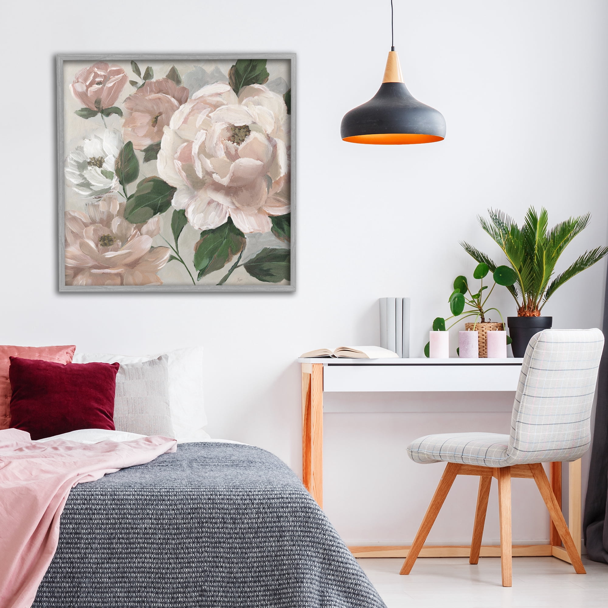 Stupell Industries Delicate Blush Peonies with Leaves Gray Framed Giclee Art, design by Nan