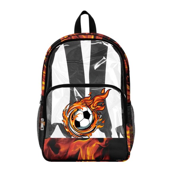 ZIATUBLES Clear Backpack, Heavy Duty Fabric & PVC Transparent Bookbag with Fire Soccer Ball Print, Large Capacity See Through Backpack for School College Work Travel Security