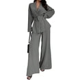 thumbnail image 2 of Women's Casual Lounge Two Piece Outfits Long Sleeve V Neck Wrap Tie Waist Shirt Wide Leg Pants Sets Gray S, 2 of 10