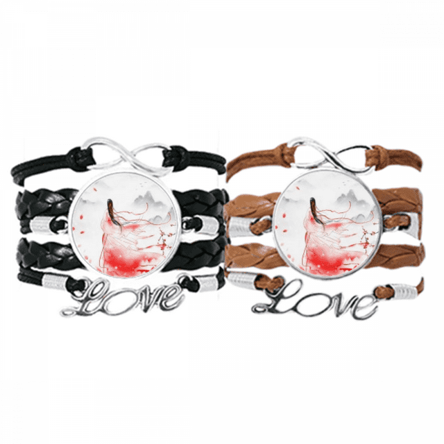 Mei Xue Bracelet Aquarelle Style Chinois Rouge Bracelet en Corde de Cuir Double Ensemble