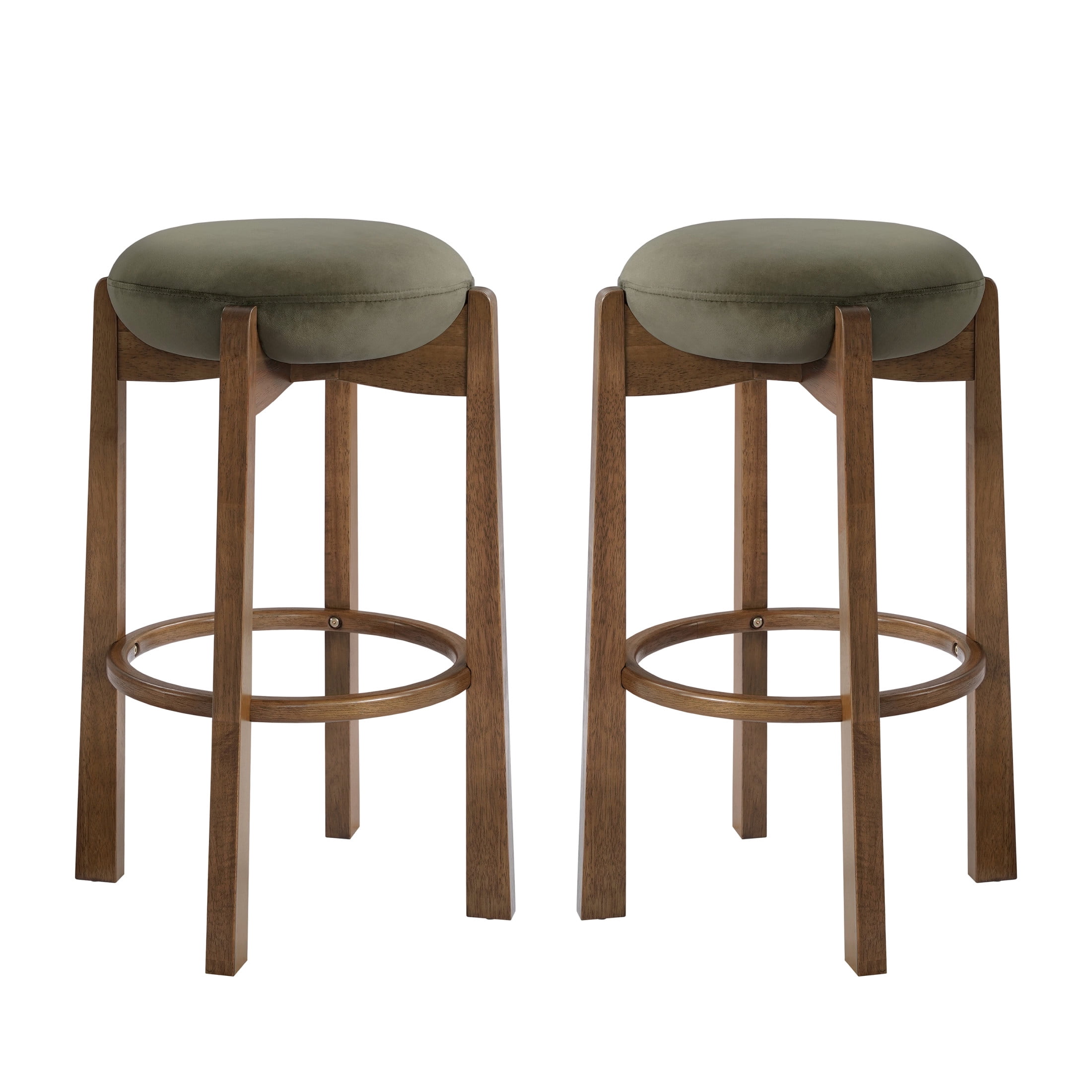 Christopher Knight Home 30" Round Upholstered Bar Stools, Wooden Frame, Dark Walnut + Green, Set of 2