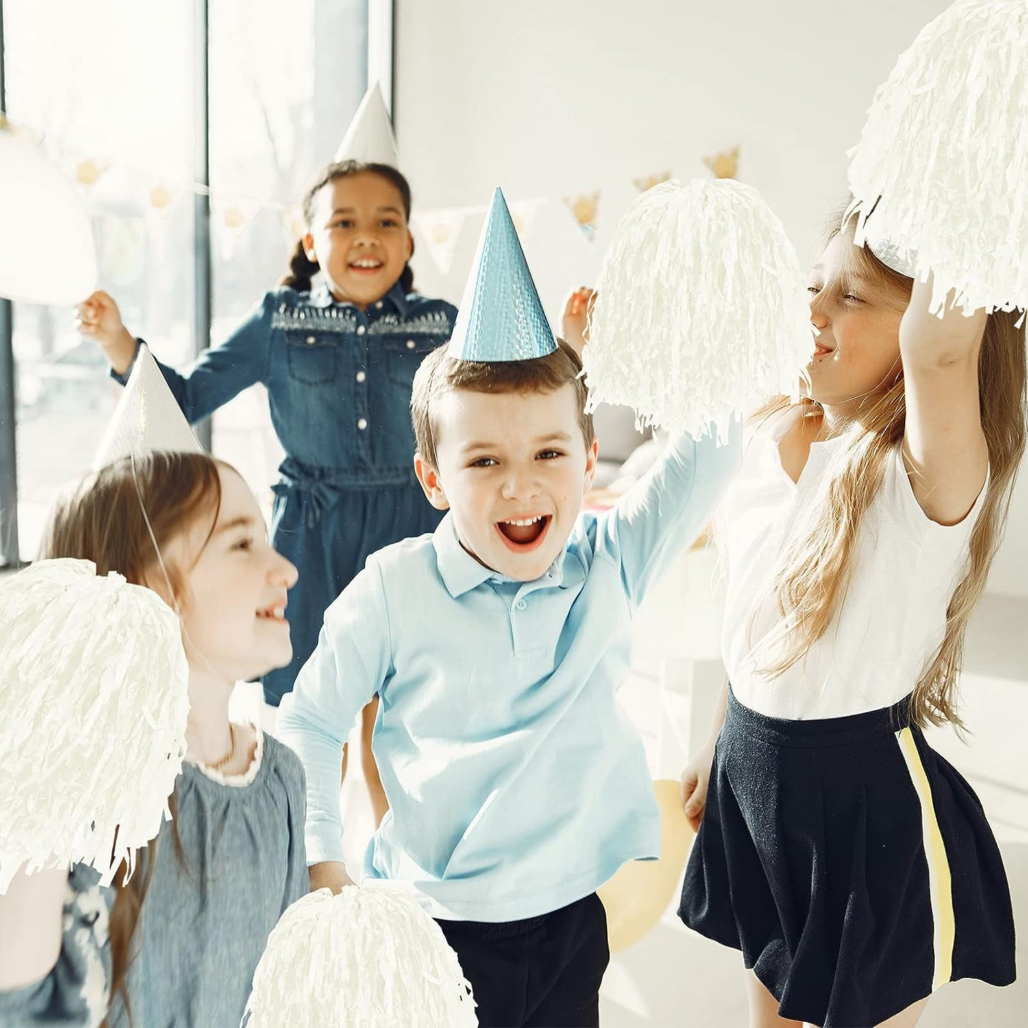 LINLIN 12Pcs Metallic Cheerleading Pom Poms with Cozy Handle, Adorable Cheerleader Pompoms Hand Flowers for Kids Adults Ball Dance Sports Team Spirit Cheering Fancy Dress Night Party