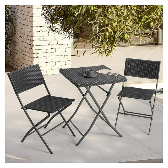 Patio Set for 2 Folding Bistro Set Outdoor, Weather-Resistant PP Rattan Small Patio Table and Chairs, 3 Piece Folding Patio Furniture Set, Black Steel Frame