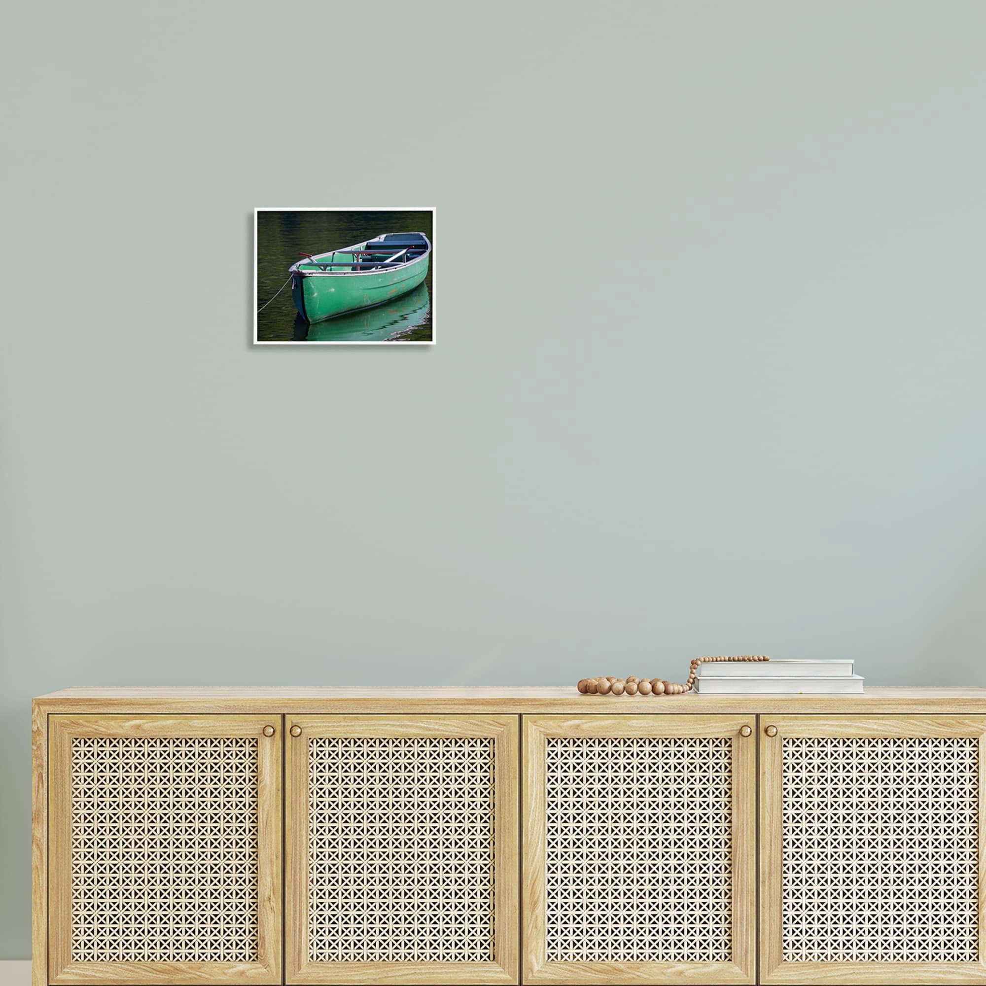 Stupell Industries Green Rowboat Canoe Floating Lake Dock Photography Photograph White Framed Art Print Wall Art, Design by Daphne Polselli