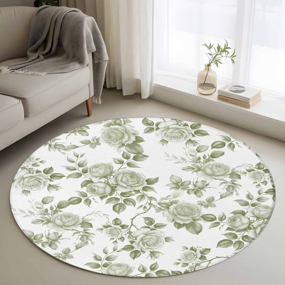 Sage Green Flower Round Rug 3ft Washable Circle Entryway Rugs Non Slip Vintage Country Rose Leaf Floral Area Rug Indoor Floor Carpet for Bedroom Kitchen Living Room Home Office Dining Room Nursery